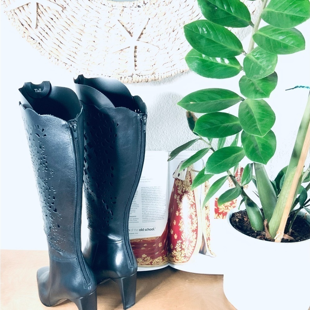Bellini Celine Black Leather Women Laser Cut Knee High 3.5"Heel Boots - Picture 4 of 5